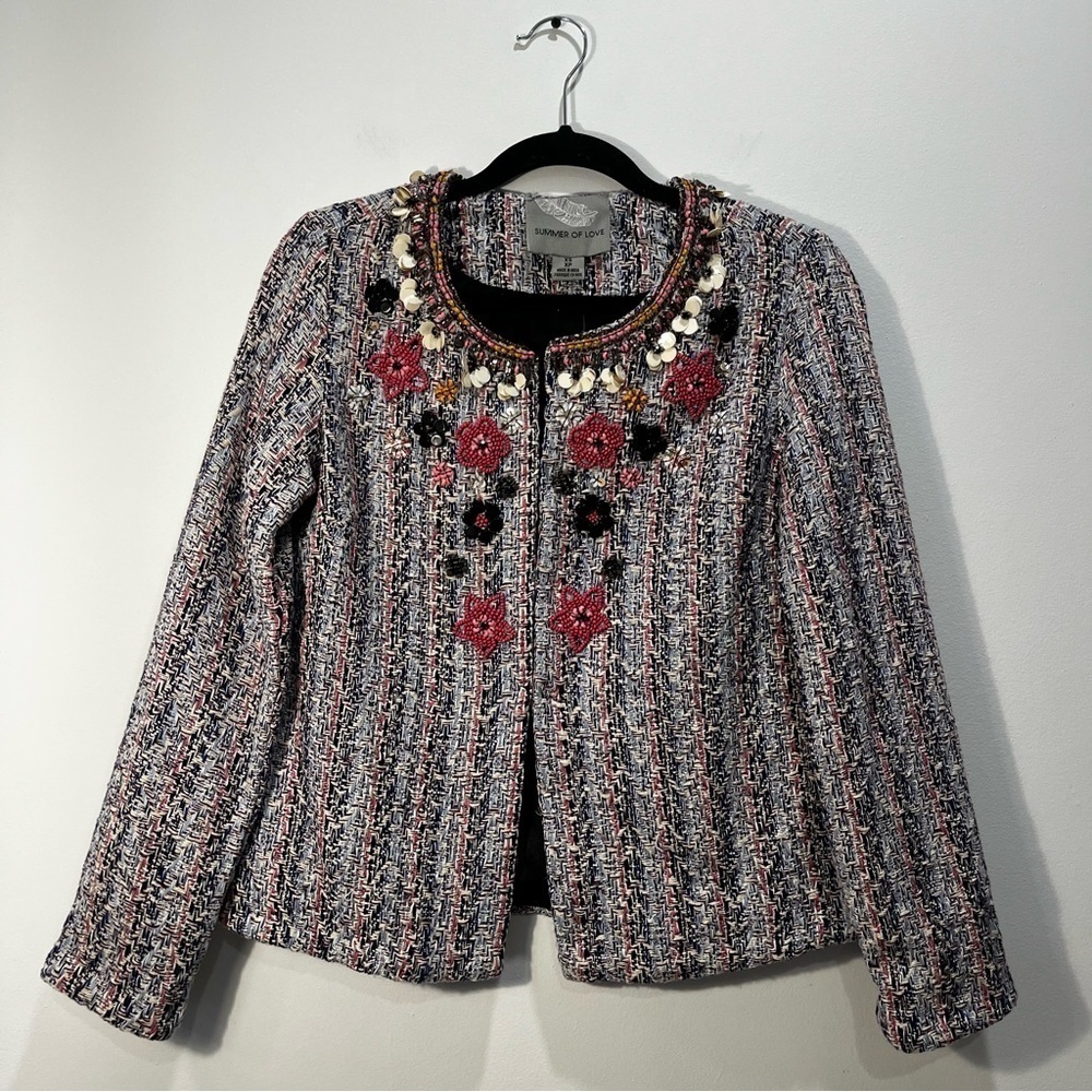 NEW Anthropologie Summer Love Suzy Embellished Beaded Pink Tweed Blazer Jacket - Picture 5 of 11